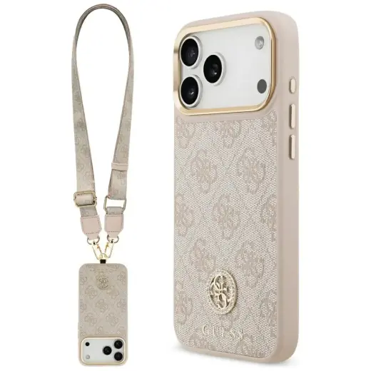 Case Guess 4G Strass Logo & Big Strap    Metal Buttons MagSafe for iPhone 17 Pro Max pink