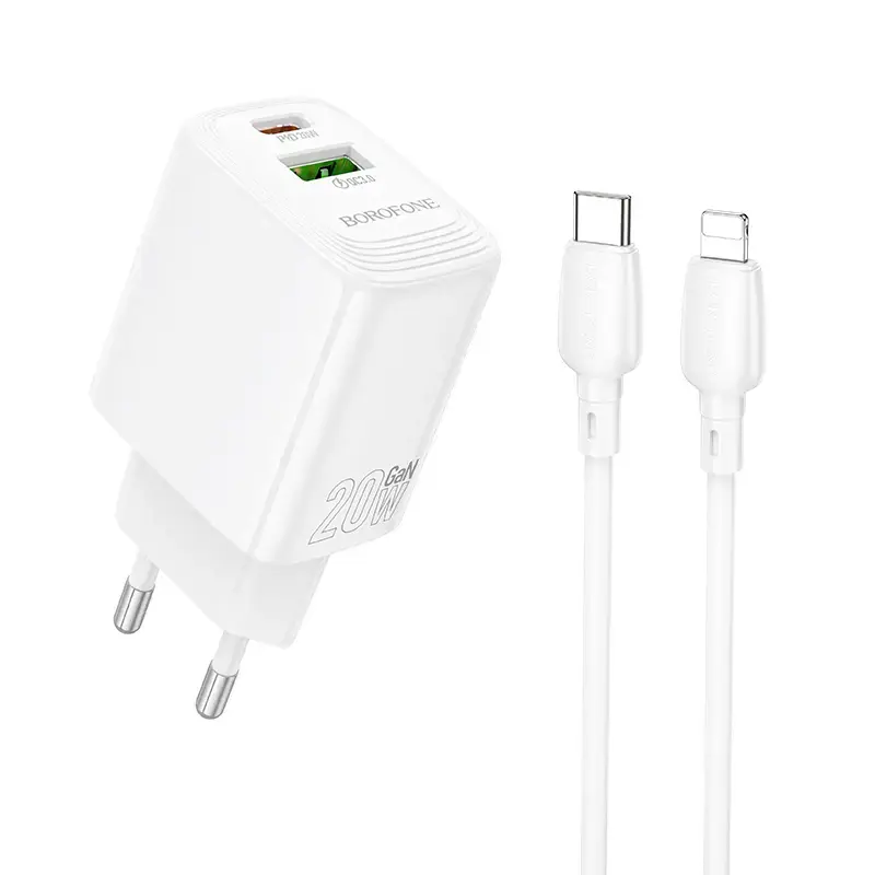 Borofone BN27 travel charger | 20W | QC | PD | USB | USB-C | with Type C to Lightning cable | white