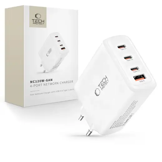 Tech-Protect NC120W-GAN reisilaadija | 120W | PD, QC, GaN | USB-C, USB-A | valge