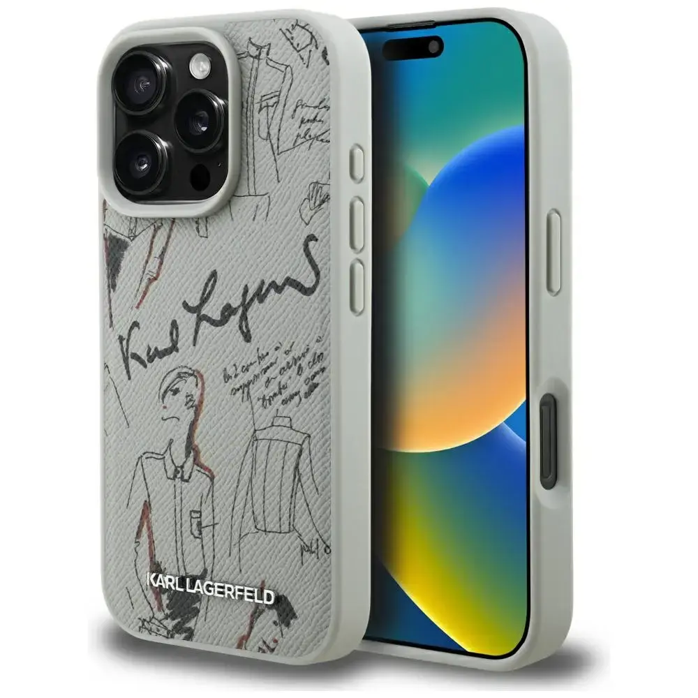 Karl Lagerfeld Grained Pattern & Logo maciņš ar MagSafe atbalstu telefonam iPhone 16 Pro pelēks