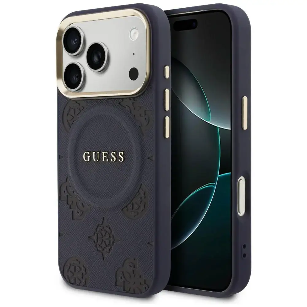 Guess Peony Hot Stamp maciņš ar MagSafe atbalstu telefonam iPhone 17 Pro zils