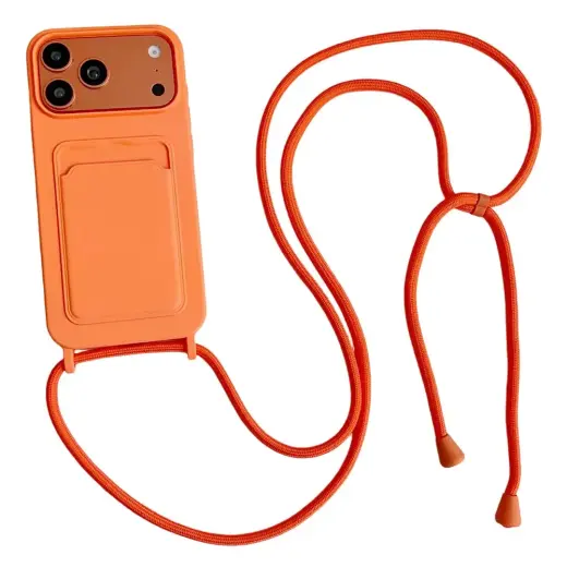 Silicone maciņš ar karšu slotu un siksnu pār plecu telefonam iPhone 17 Pro | iPhone 18 Pro oranžs