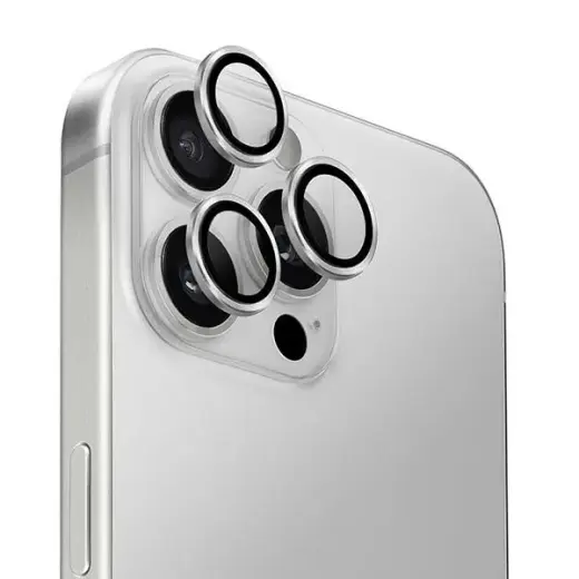 Uniq Optix Aluminum Camera Lens Protector iPhone 16 Pro 6.3" | 16 Pro Max 6.9" sterling silver camera lens glass with applicator