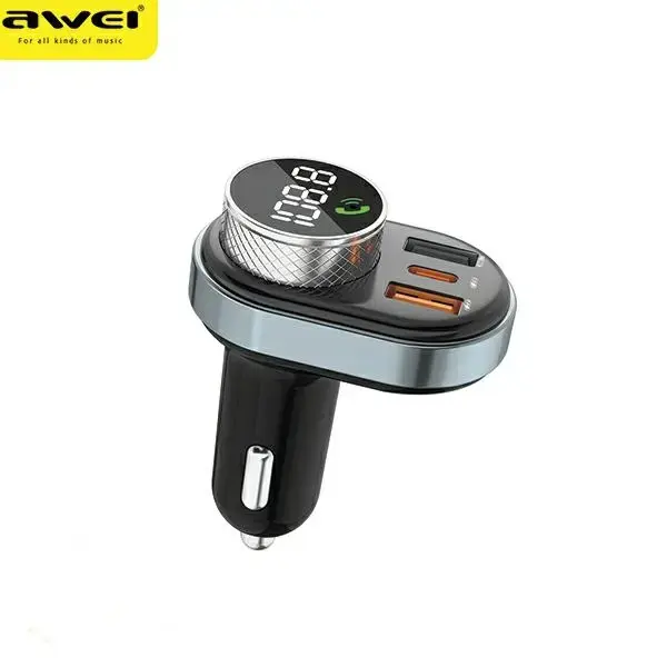 AWEI C-843 brīvroku komplekts ar FM raidītāju, Bluetooth 5.0, MP3, 1xUSB+1xUSB-C melns|melns