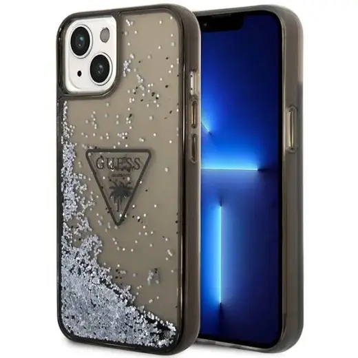 Guess PC|TPU Liquid Glitter Triangle Logo dėklas iPhone 14, juodas