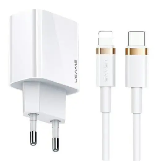 USAMS T34 travel charger | 20W | PD3.0 | USB-C | with USB-C to Lightning cable included | white