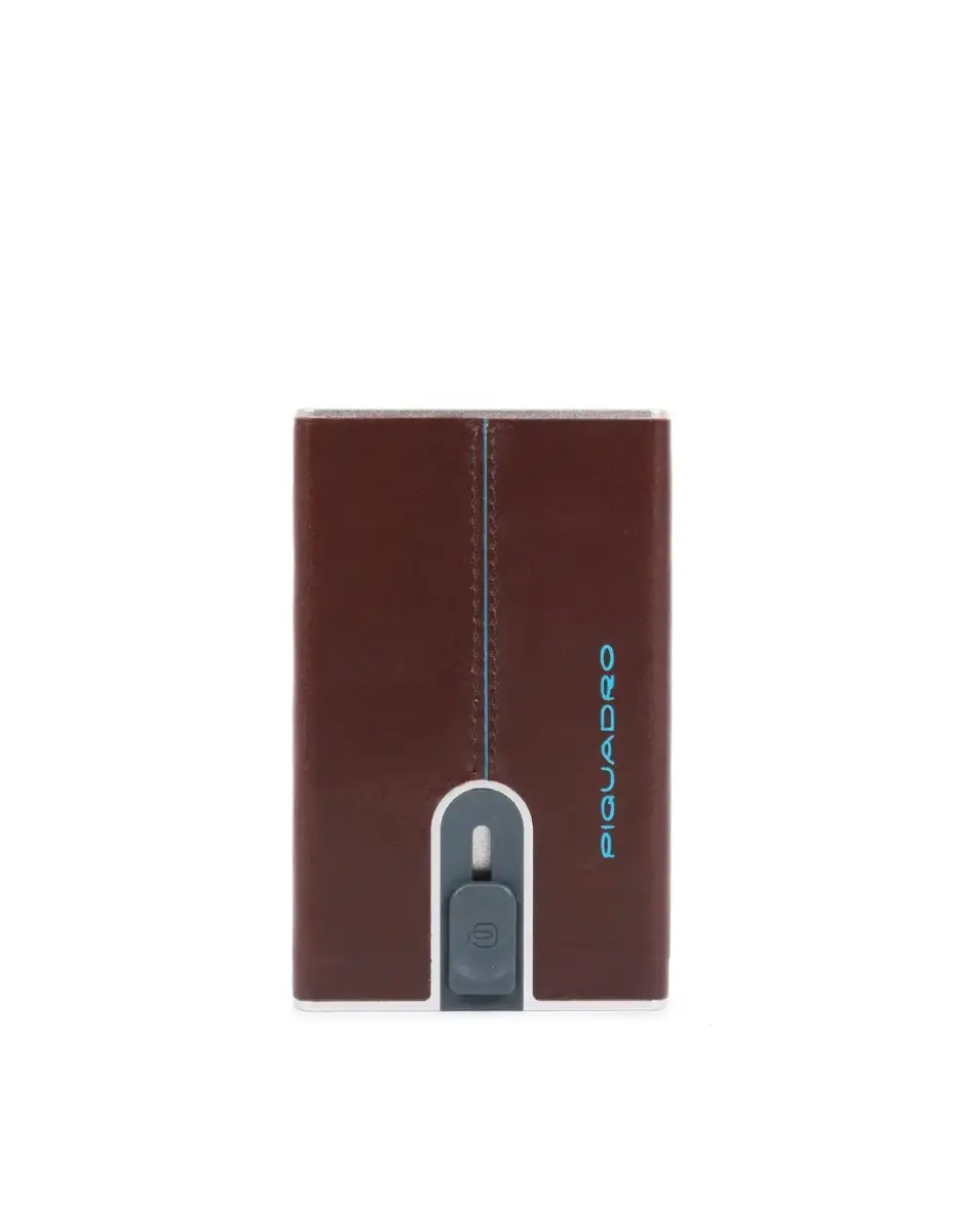 Piquadro, Blue Square, Leather Card Holder, Square Sliding System with Money Clip, PP5358B2R, Mahogany, For Men