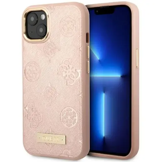 Guess GUHMP14SSAPSTP Peony Logo Plate telefoni ümbris MagSafe toega iPhone 14 roosa