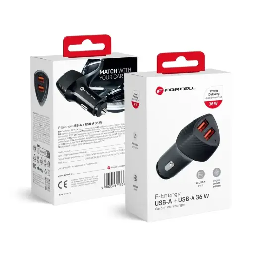 Forcell F-Energy Carbon CC50-2A auto lādētājs | 18W | QC | USB-A | melns