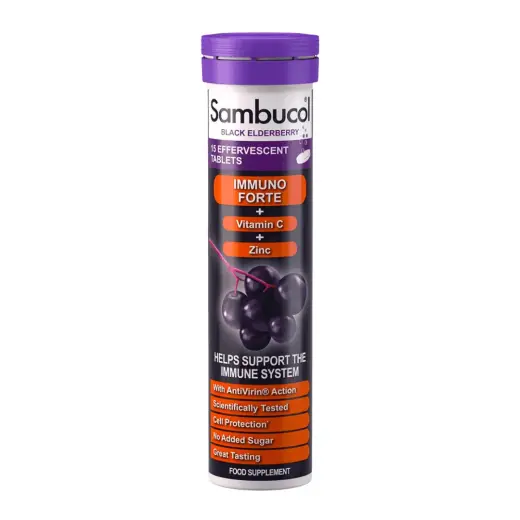 Sambucol, Immuno Forte+, Black Eldeberry, Vitamin C & Zinc, Support The Immune System, Effervescent Tablets, 15 pcs