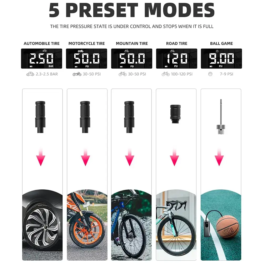 Rockbros 42720001001 Electric Bike Pump with LED Display + USB-C - USB-A Cable - Black