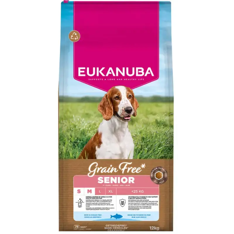 Sausa barība suņiem - Eukanuba Senior Small & Medium, Grain Free, ocean fish 12 kg