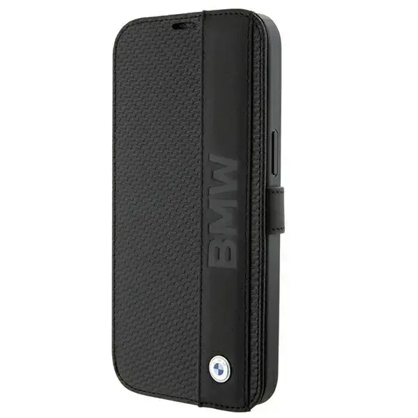 BMW BMBKP15L22RDPK iPhone 15 Pro 6.1" czarny|black bookcase Leather Textured & Stripe