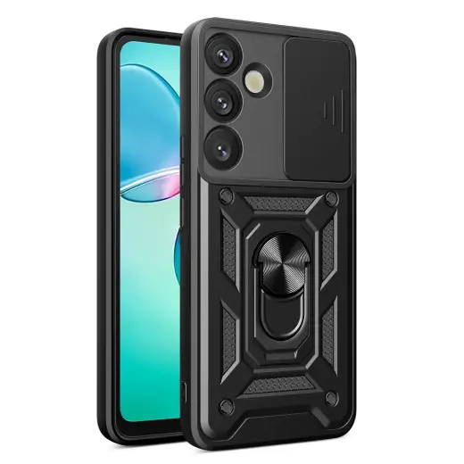 Hybrid Armor Camshield telefono dėklas su stovu Samsung Galaxy S25+ juodas (su kameros apsauga)