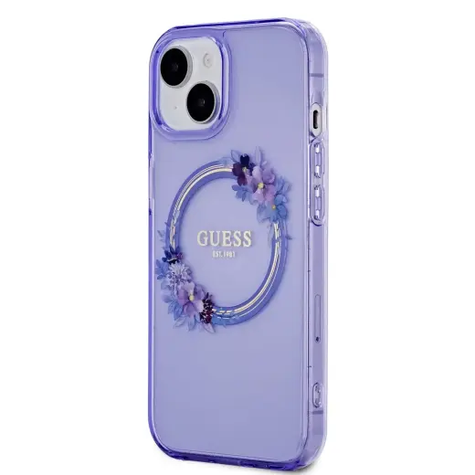 Guess PC|TPU Flowers Ring Glossy Logo MagSafe Case for iPhone 15 Purple