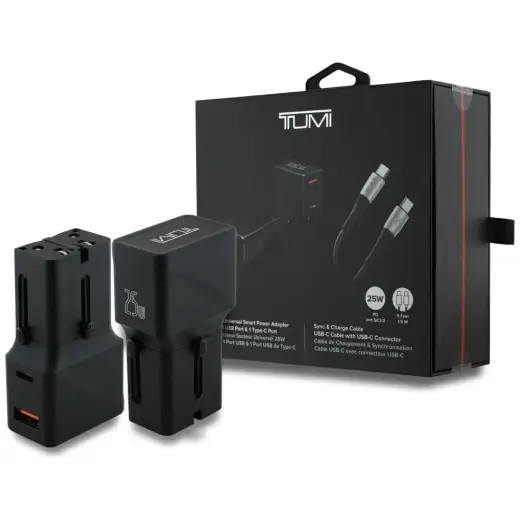 Tumi Travel Adapter tīkla lādētājs | 25W | USB-C, USB-A | ar USB-C uz USB-C vadu komplektā | melns