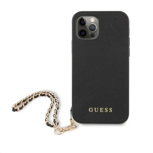 GUHCP12LSASGBK Guess PU Saffiano Gold Chain Case for iPhone 12 Pro Max Black
