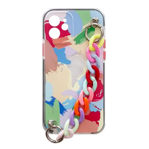 Color Chain gel flexible elastic phone case with a chain pendant for iPhone 13 mini multicolor