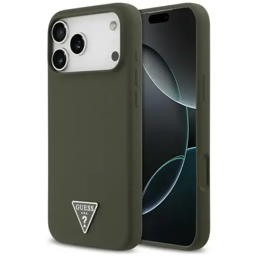 Guess Silicone Triangle Logo maciņš ar MagSafe atbalstu telefonam iPhone 17 Pro Max zaļš