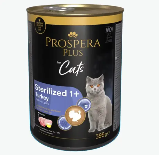 Konservi kaķiem – Prospera Plus Cat Meat Paté Sterilized 1+, Turkey with Lamb, 395 g