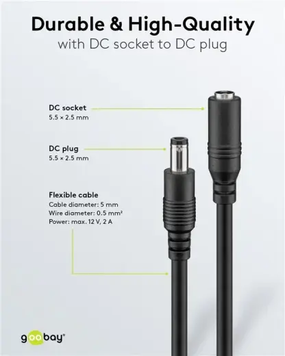 DC Extension Cable, 1.5m 5.5x2.5mm black  2x0.5 mm² max 24VDC 140W