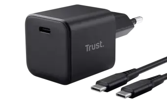 Trust Maxo tīkla lādētājs | 65W | GaN | USB-C | ar USB-C uz USB-C vadu komplektā | melns