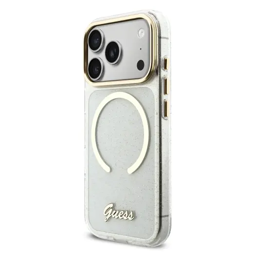 Guess IML Glitter Script Strap maciņš ar MagSafe atbalstu telefonam iPhone 17 Pro Max caurspīdīgs