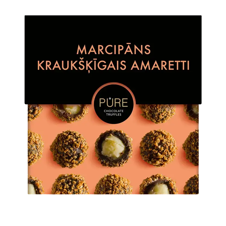 Šokolādes trifeles ar marcipāna krēma pildījumu un kraukšķīgo Amareto cepumu dekoru  96g, PURE