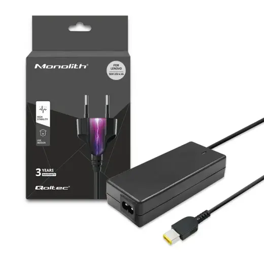 Адаптер питания Qoltec для ноутбука Lenovo 90 Вт | 20 В | 4,5 А | Тонкий разъем + штекер | + кабель питания