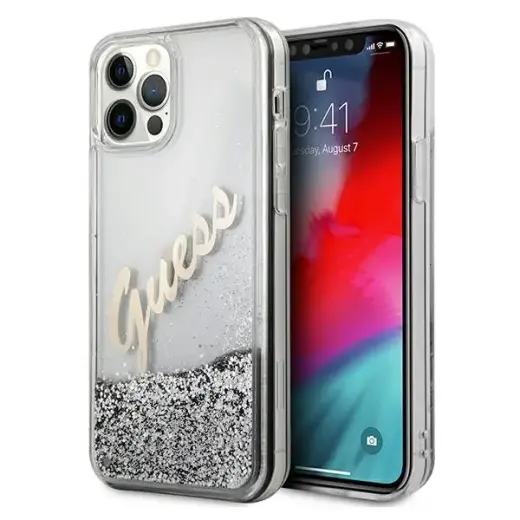 Guess GUHCP12MGLVSSI iPhone 12|12 Pro 6,1" srebrny|silver hardcase Glitter Vintage Script