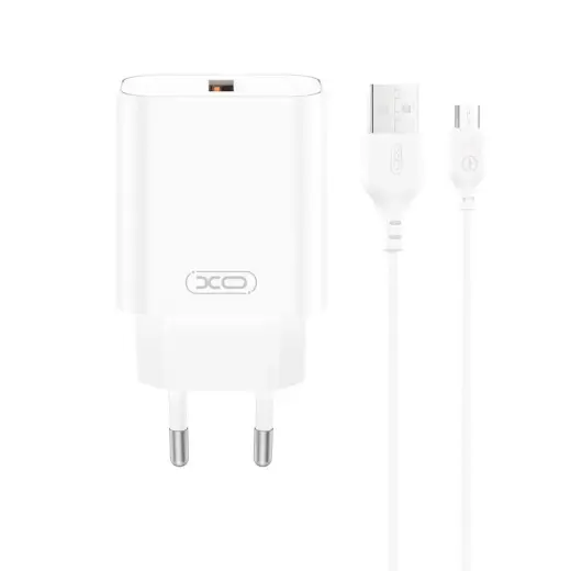 XO CE33 tīkla lādētājs | 18W | QC | USB-A | ar USB-A uz USB-C vadu komplektā | balts