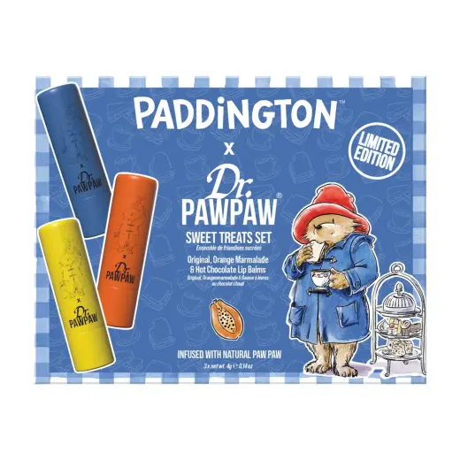 Set Dr. PawPaw: Paddington Orange Marmalade, Hydrating, Lip Balm, 4 g + Paddington Bear Original Balm, Vegan, Lip Balm, 4 g + Hot Chocolate, Hydrating, Lip Balm, 4 g