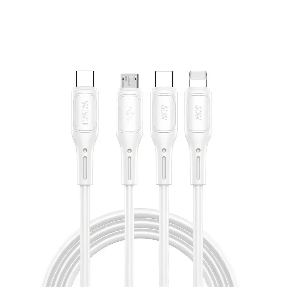 WiWU WI-C046E 3-in-1 datu pārraides un uzlādes vads | USB-C uz USB-C, Micro USB, Lightning | 60W | 1m | balts