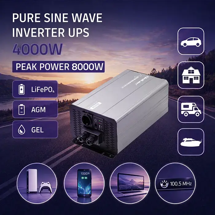 Qoltec Pure Sine Wave Inverter with UPS | 12V to 230V | 4000/8000W | USB | Compatible with LiFePO4 GEL AGM