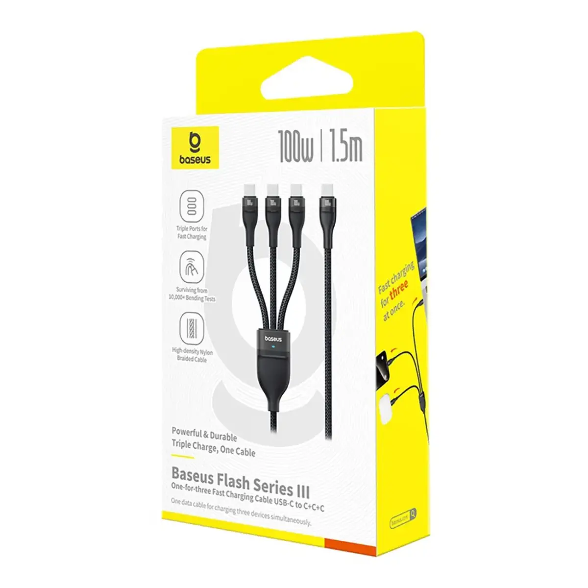 Baseus Flash Series 3 100W 3in1 USB-C Cable - 3xUSB-C 1.5m - Black