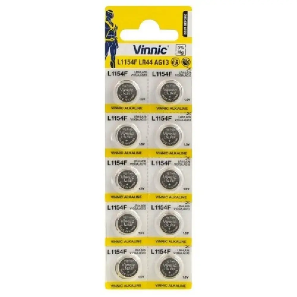 Vinnic AG13 | LR44 | SR44W | 357 | GP76A | A76 | Alkaline 1.5V Batteries (10pcs)