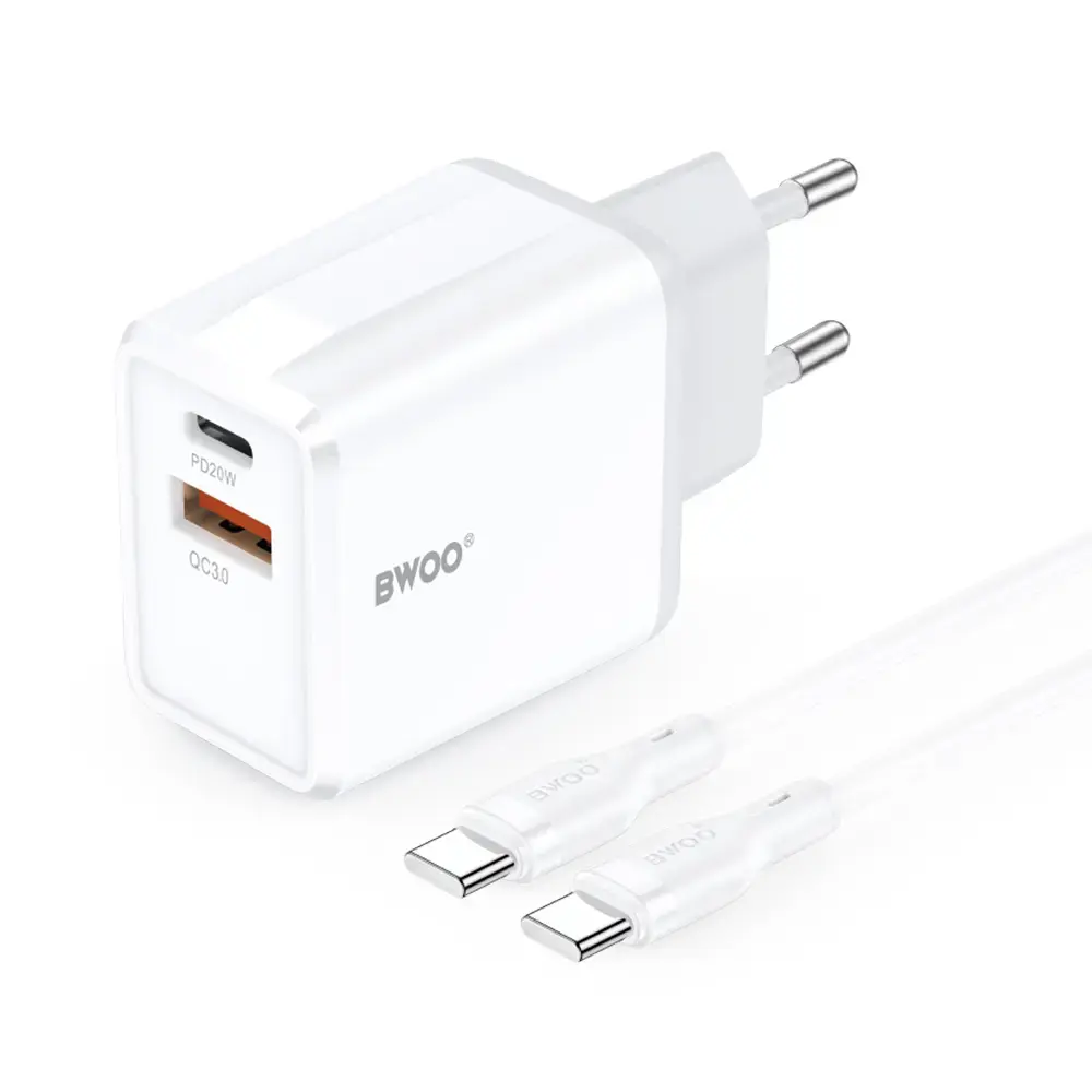 BWOO CDA182 tīkla lādētājs | 20W | PD, QC | USB-A, USB-C | ar USB-C uz USB-C vadu komplektā | melns