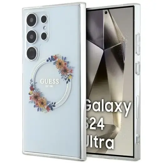 Guess GUHMS24LHFWFCT S24 Ultra S928 przeźroczysty|transparent hardcase IML Flowers Wreath MagSafe