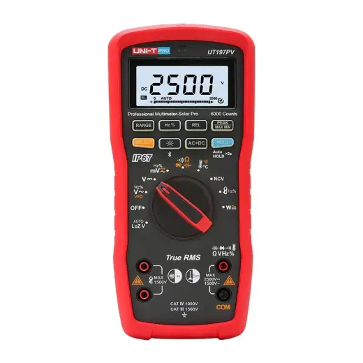 Multimeter-Solar Pro, 2,5kV DC, 1kV AC, 10A AC/DC, 60M?; 60mF; 1MHz; 1000?, TRMS, 5m drop, IP67, Bluetooth, CAT IV 1000V&CAT III 1500V, UNI-T