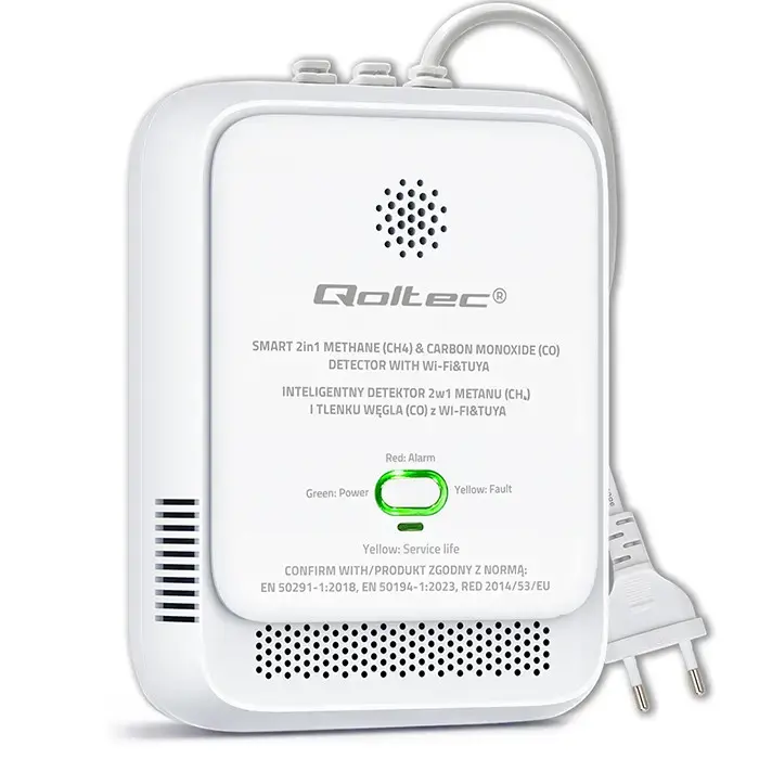 Qoltec Certified natural gas and carbon monoxide (CO) leak detector | CH4 | CO | NG | Tuya | Wi-Fi | 85dB alarm | LED
