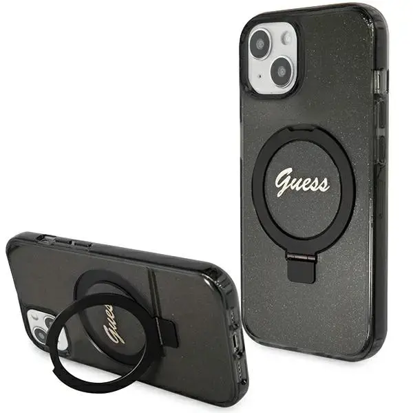 Guess GUHMP14SHRSGSK iPhone 14 | 15 | 13 6.1" czarny|black hardcase Ring Stand Script Glitter MagSafe