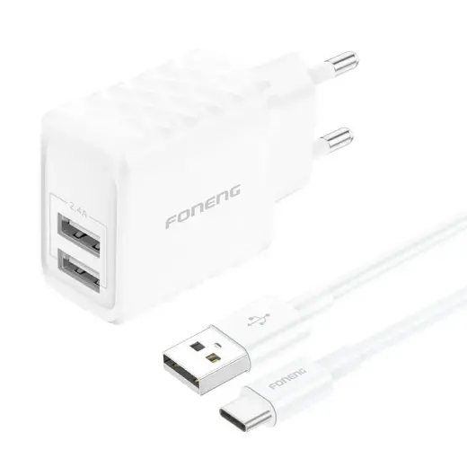Foneng EU53 2xUSB-A, 2.4A network charger (White) + USB-C cable