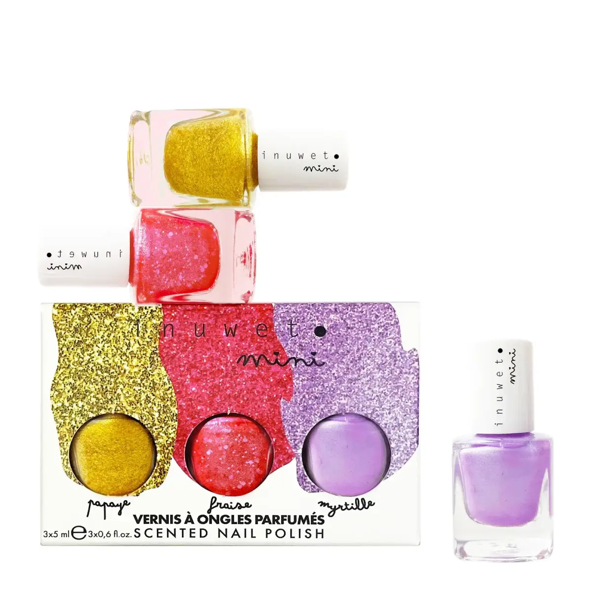 Set Inuwet: Papaye, Nail Polish, 5 ml *Miniature + Fraise, Nail Polish, 5 ml *Miniature + Myrtille, Nail Polish, 5 ml *Miniature
