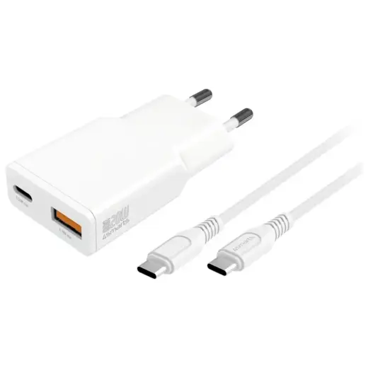 4smarts PDPlug Slim Duos tīkla lādētājs | 20W | PD, GaN | USB-C, USB-A | ar USB-C uz USB-C vadu komplektā | balts