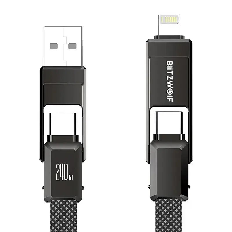 BlitzWolf BW-HDC7 4-in-1 datu pārraides un uzlādes vads | USB-A uz USB-C, Lightning | 240W | 1.2m | melns