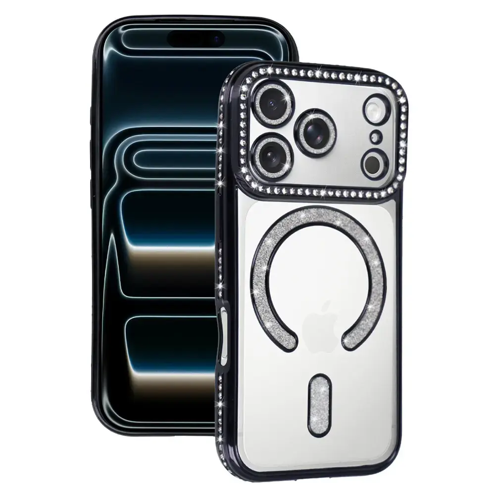 Bling maciņš ar MagSafe atbalstu telefonam iPhone 17 Pro Max melns