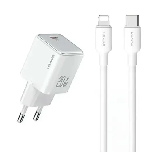 USAMS YX Series tīkla lādētājs | 20W | PD, PD3.0 | USB-C, Lightning | USB-C uz Lightning vads komplektā | balts