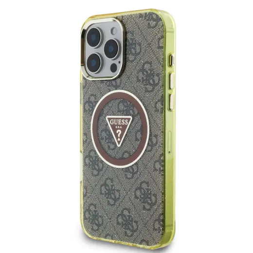 Guess IML 4G Glitter and Triangle Logo MagSafe Case for iPhone 16 Pro Max Brown