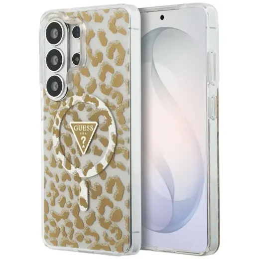 Guess IML Leopard Print Triangle maciņš ar MagSafe atbalstu telefonam Samsung Galaxy S26 Ultra (S948) brūns