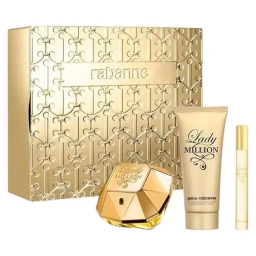 Set Paco Rabanne: Lady Million, Eau De Parfum, For Women, 80 ml + Lady Million, Eau De Parfum, For Women, 5 ml *Miniature + Lady Million, Hydrate, *None, Body Lotion, 100 ml